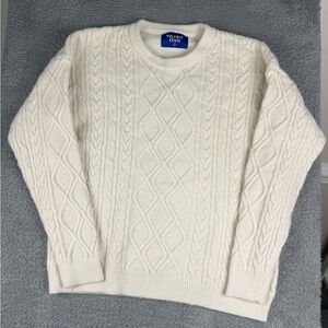 Aelfric Eden Sweater Mens Large Ivory White Cable Knit Fisherman Crewneck Chunky
